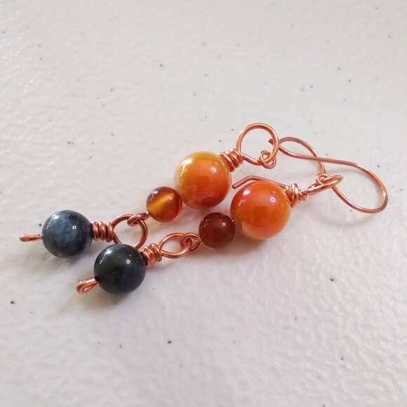 Fall Magic!  Blue Lapis, Brown Agate & Tangerine Ceramic Beads Earrings - Picture 3 of 11